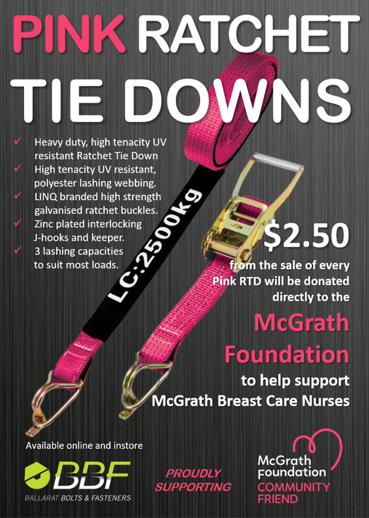 50mmx9m Ratchet Tie Down 2500Kg ( PINK McGrath Foundation) Ballarat